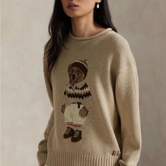 Polo Ralph Lauren Rolled Neck Cotton Sweater with Bear Motif in dark almond marl - Picture 3 of 4